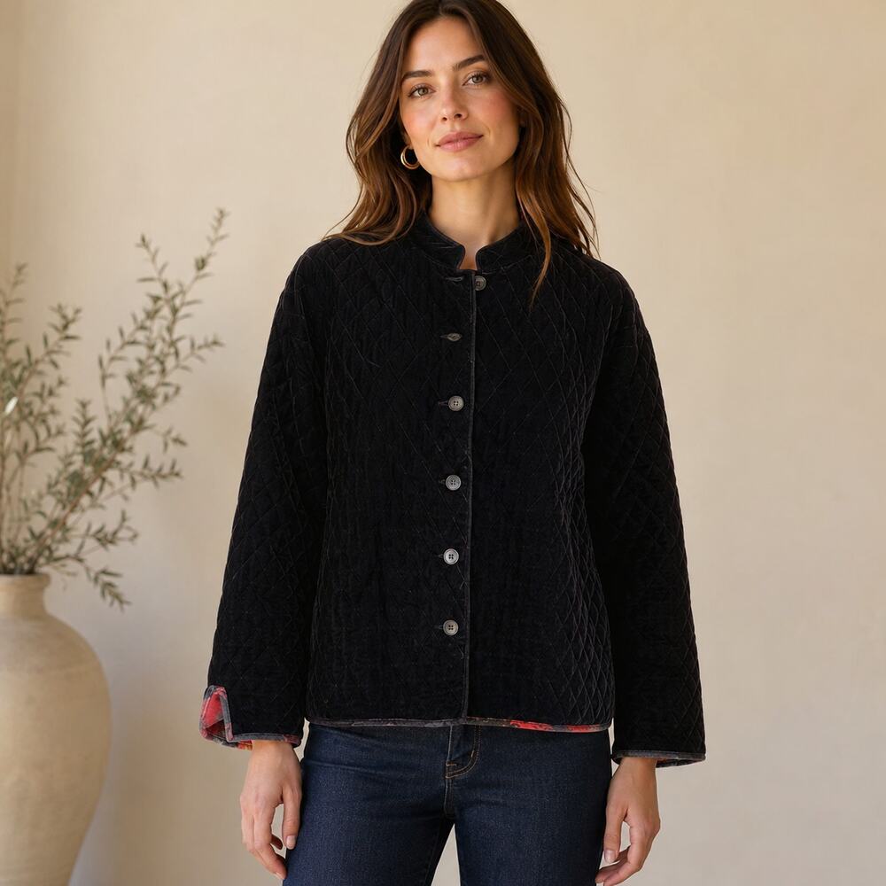 Womens Jacket Velvet Solid Black Mandarin Evening Coat Elegant Double Sided
